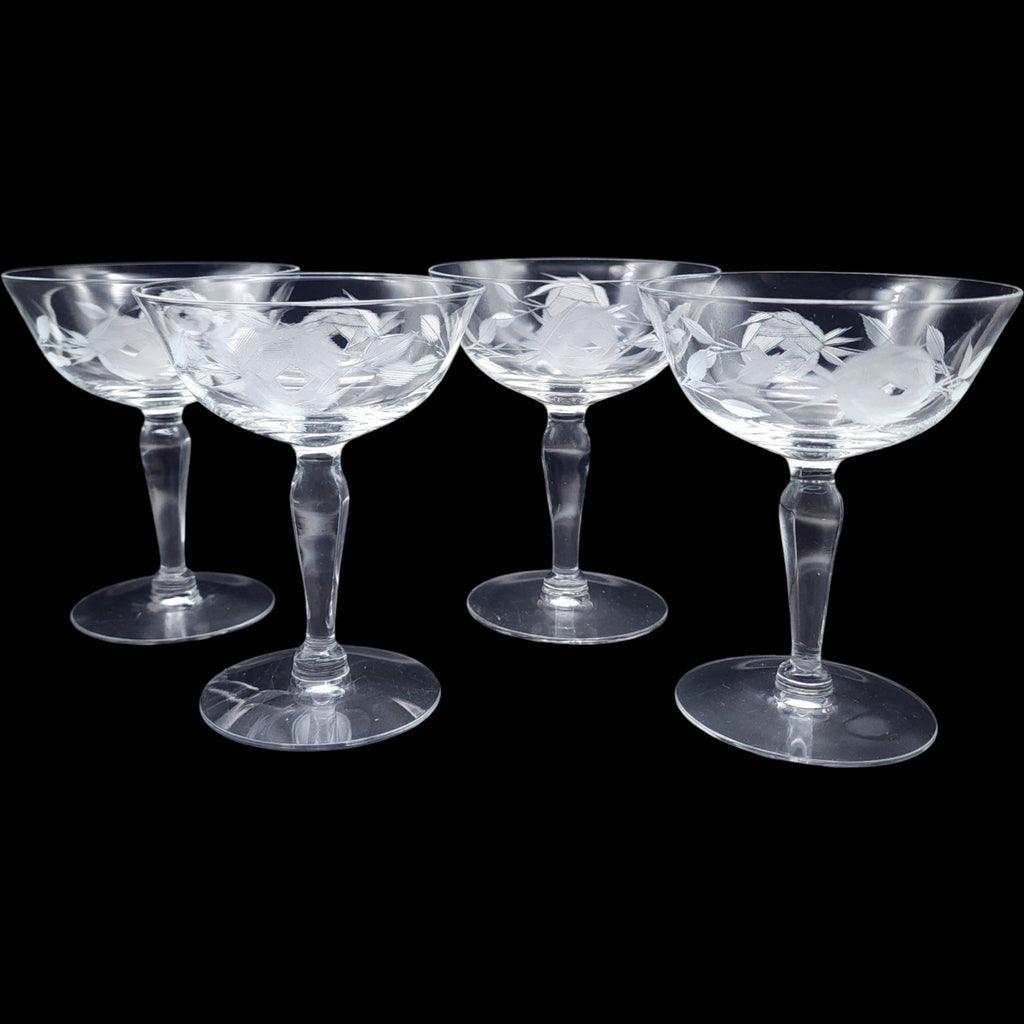 Vintage Fostoria Gray Cut Rose Coupe Glassware Set of 4