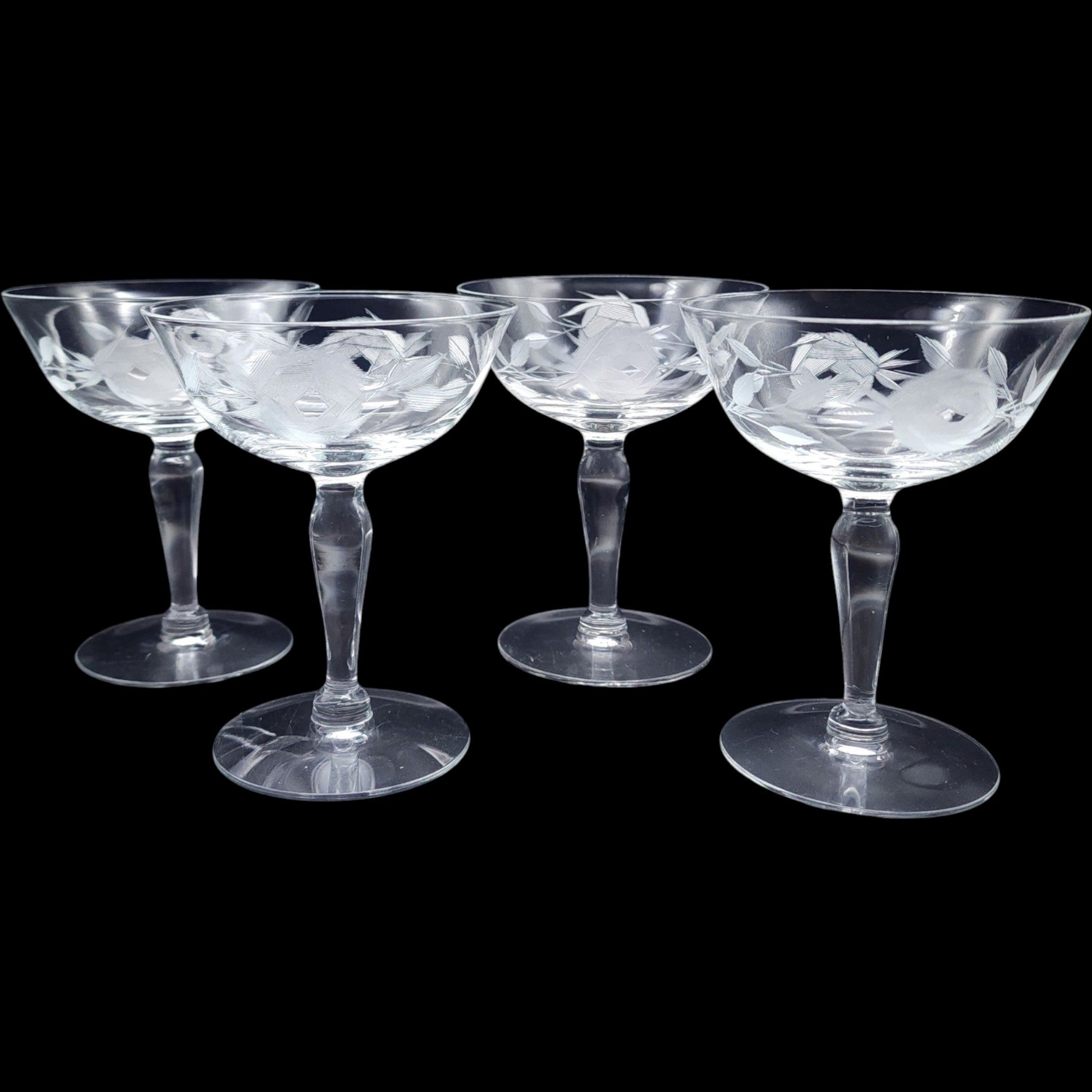 Vintage Fostoria Gray Cut Rose Coupe Glassware Set of 4