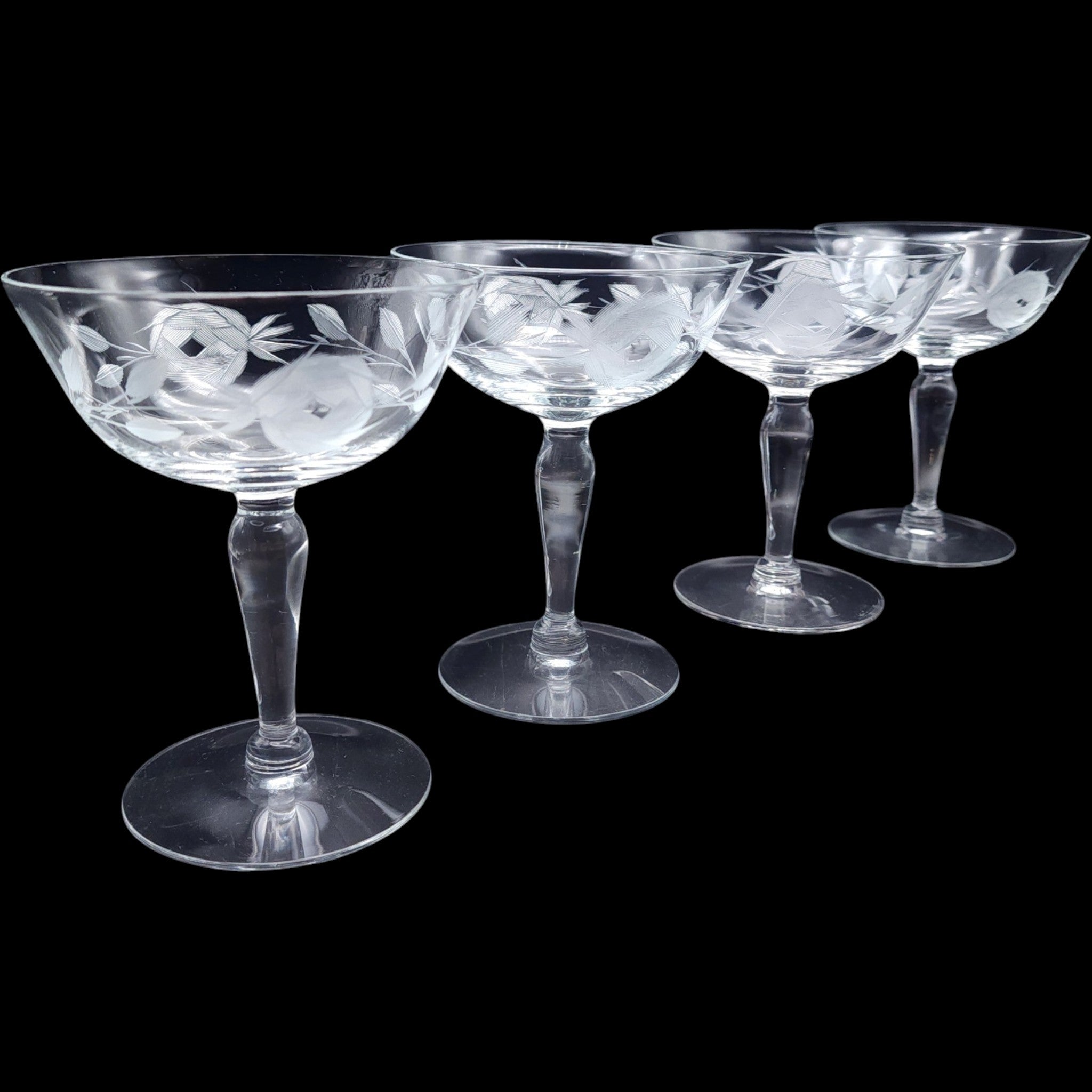 Vintage Fostoria Gray Cut Rose Coupe Glassware Set of 4