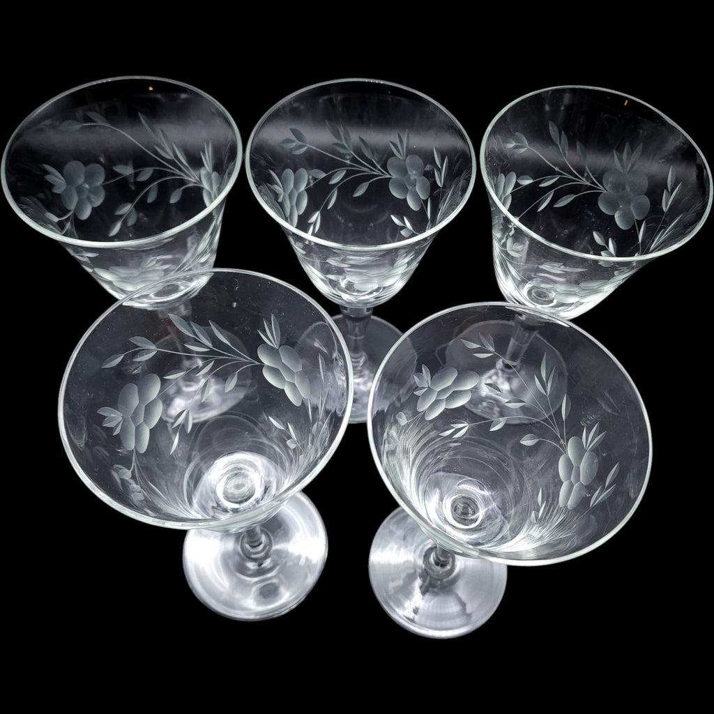 Vintage Etched Floral Crystal Wine Glasses Set of 5 Stemmed Water Goblets