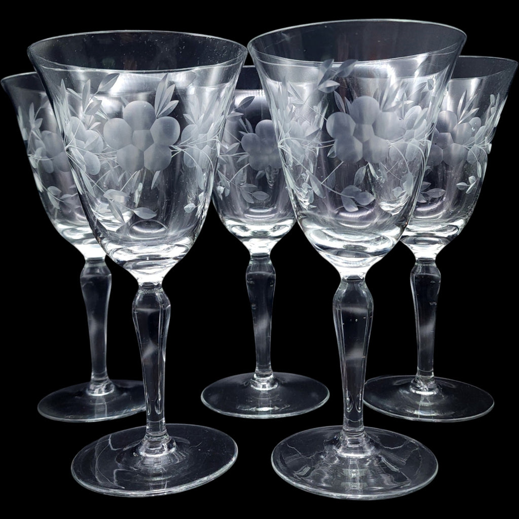 Vintage Etched Floral Crystal Wine Glasses Set of 5 Stemmed Water Goblets