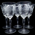 Vintage Etched Floral Crystal Wine Glasses Set of 5 Stemmed Water Goblets