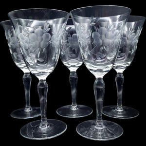 Vintage Etched Floral Crystal Wine Glasses Set of 5 Stemmed Water Goblets