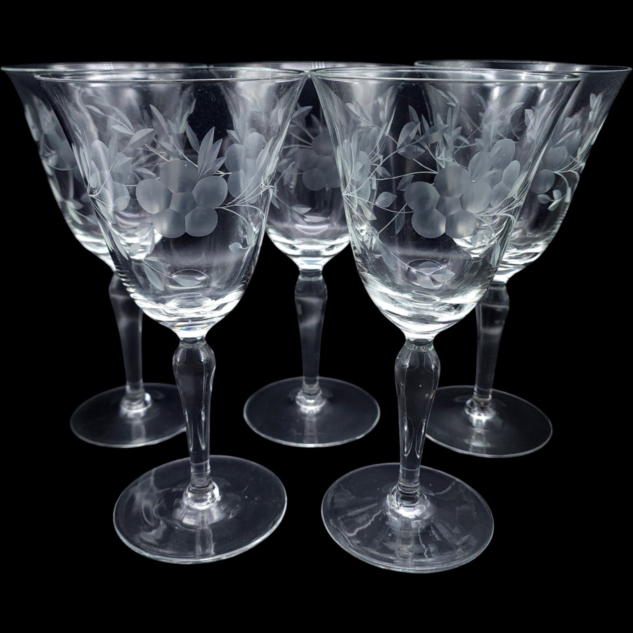 Vintage Etched Floral Crystal Wine Glasses Set of 5 Stemmed Water Goblets