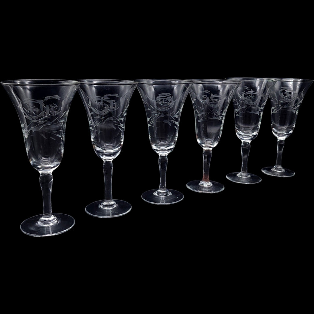 Vintage Etched Floral Crystal Wine Glasses Set of 6