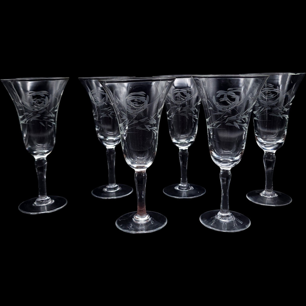 Vintage Etched Floral Crystal Wine Glasses Set of 6