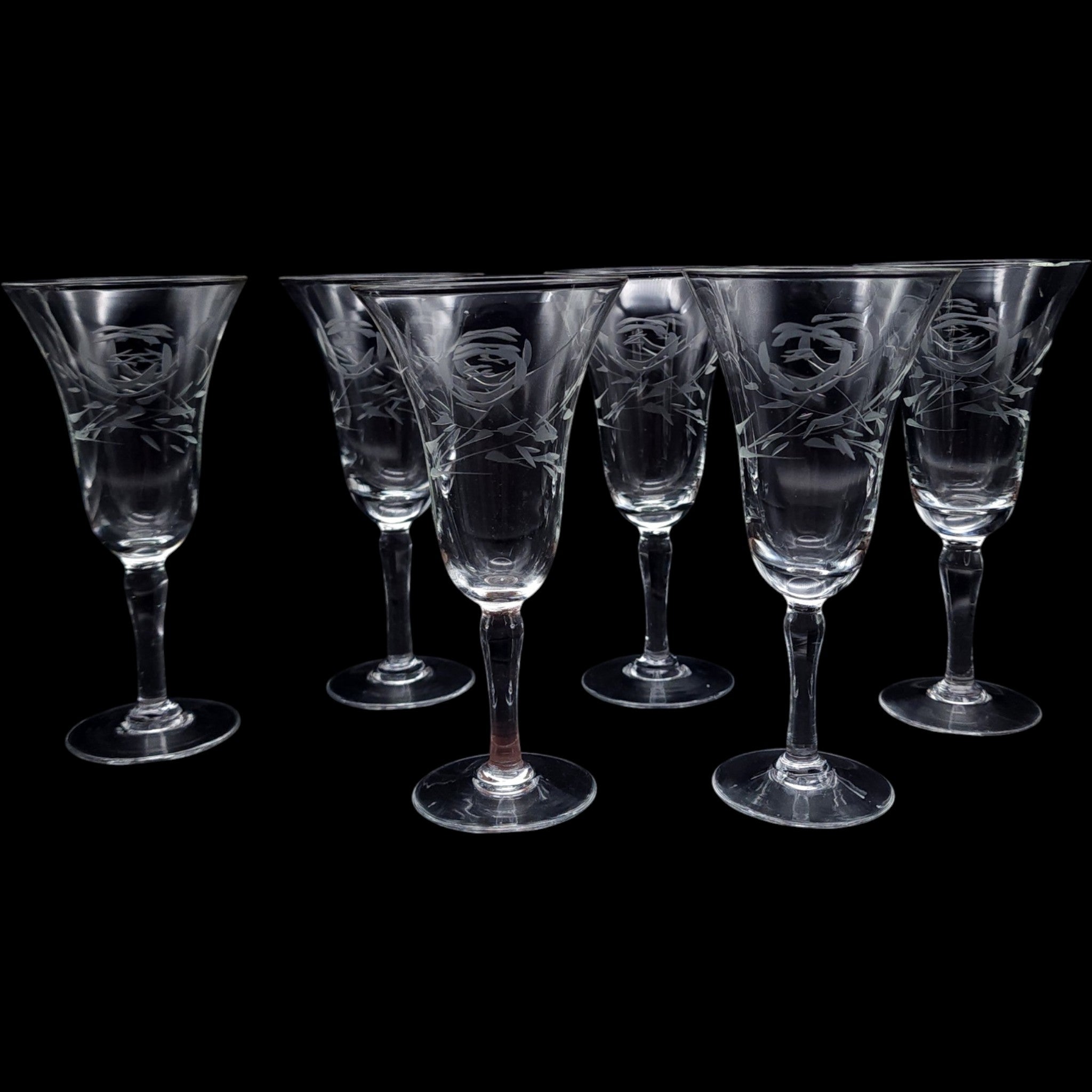 Vintage Etched Floral Crystal Wine Glasses Set of 6