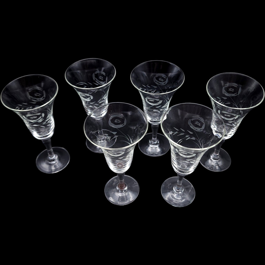 Vintage Etched Floral Crystal Wine Glasses Set of 6