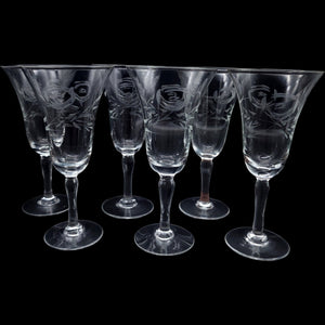 Vintage Etched Floral Crystal Wine Glasses Set of 6