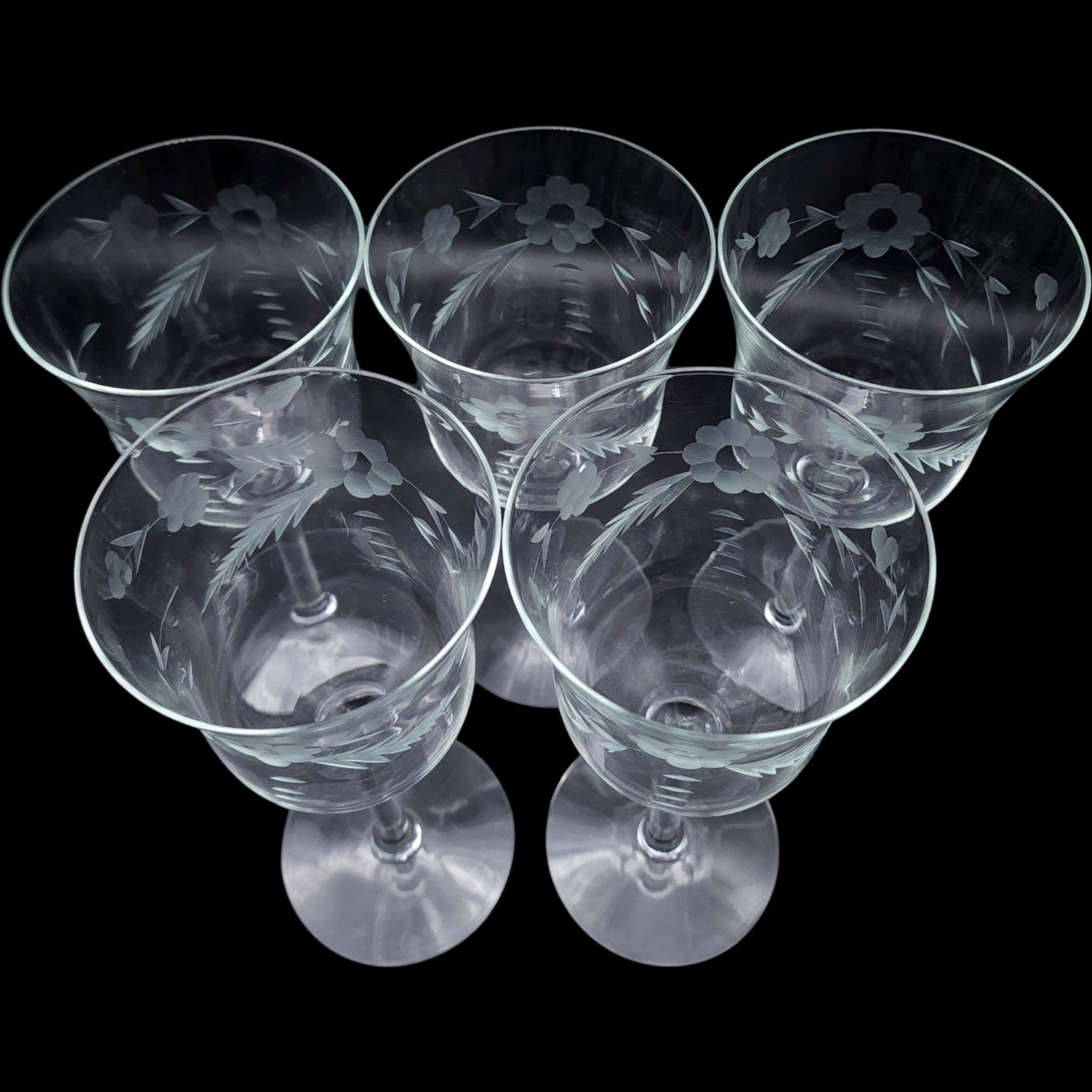 Vintage Etched Floral Glass Wine Goblets Set of 5