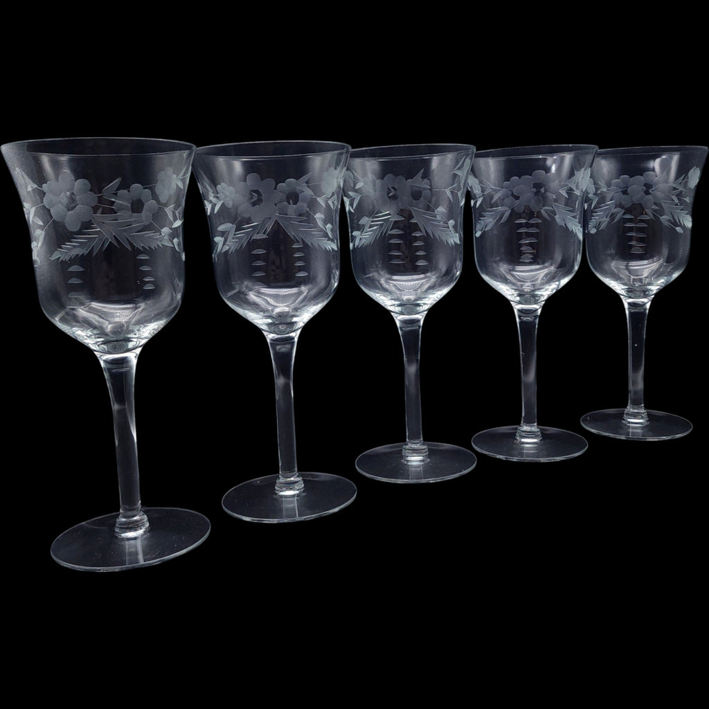 Vintage Etched Floral Glass Wine Goblets Set of 5