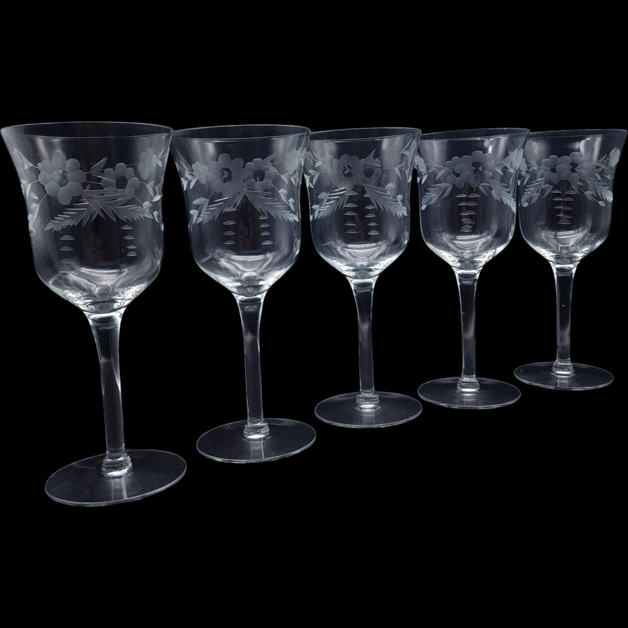 Vintage Etched Floral Glass Wine Goblets Set of 5