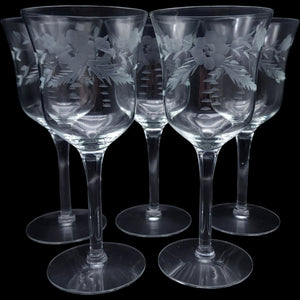 Vintage Etched Floral Glass Wine Goblets Set of 5