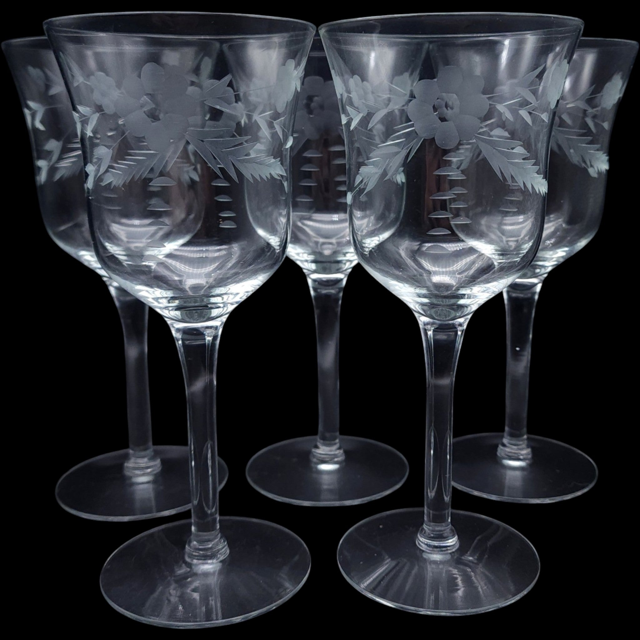 Vintage Etched Floral Glass Wine Goblets Set of 5