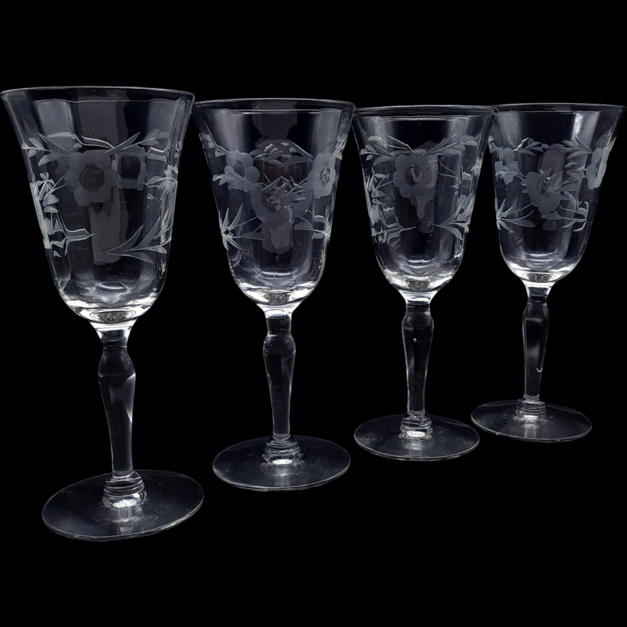 Vintage Etched Floral Wine Glasses Set of 4