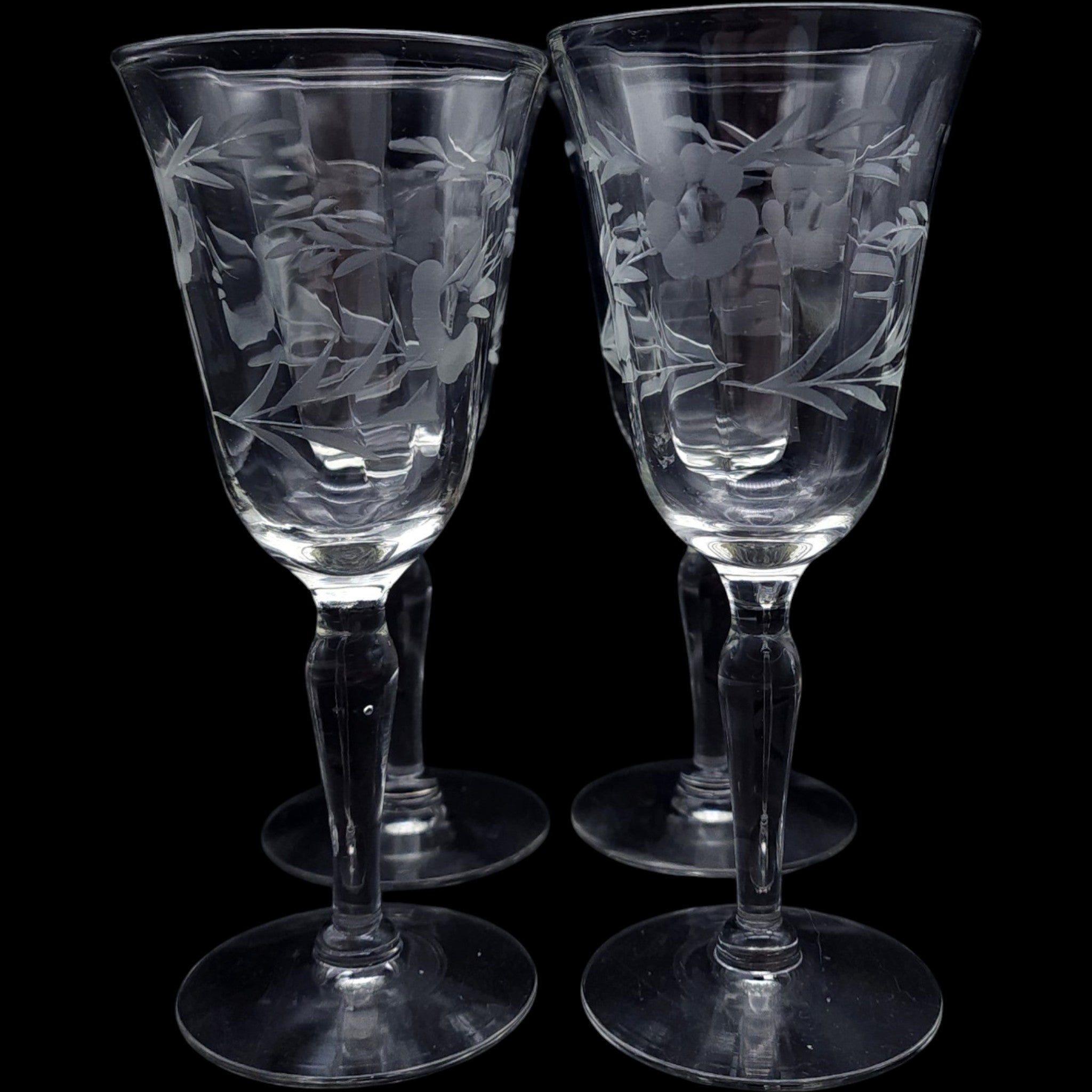 Vintage Etched Floral Wine Glasses Set of 4
