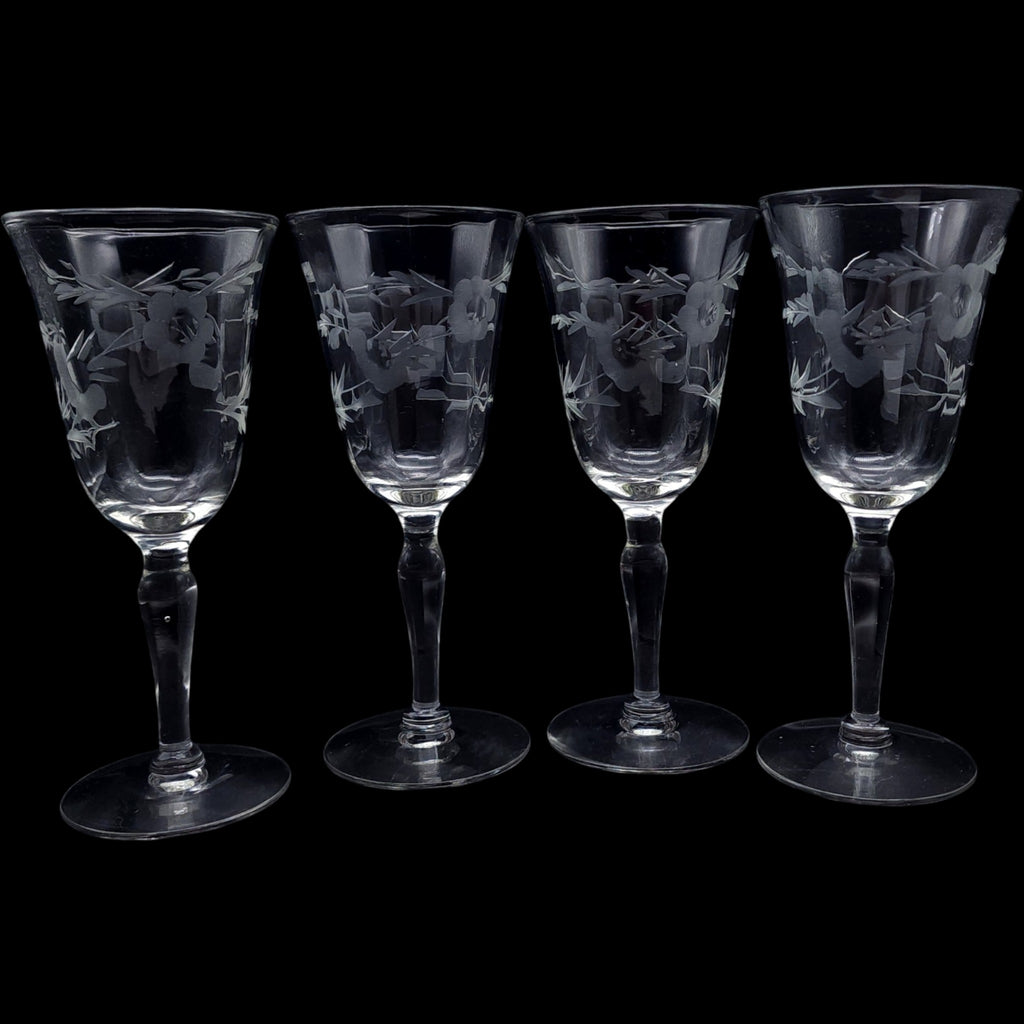 Vintage Etched Floral Wine Glasses Set of 4