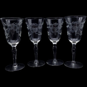 Vintage Etched Floral Wine Glasses Set of 4