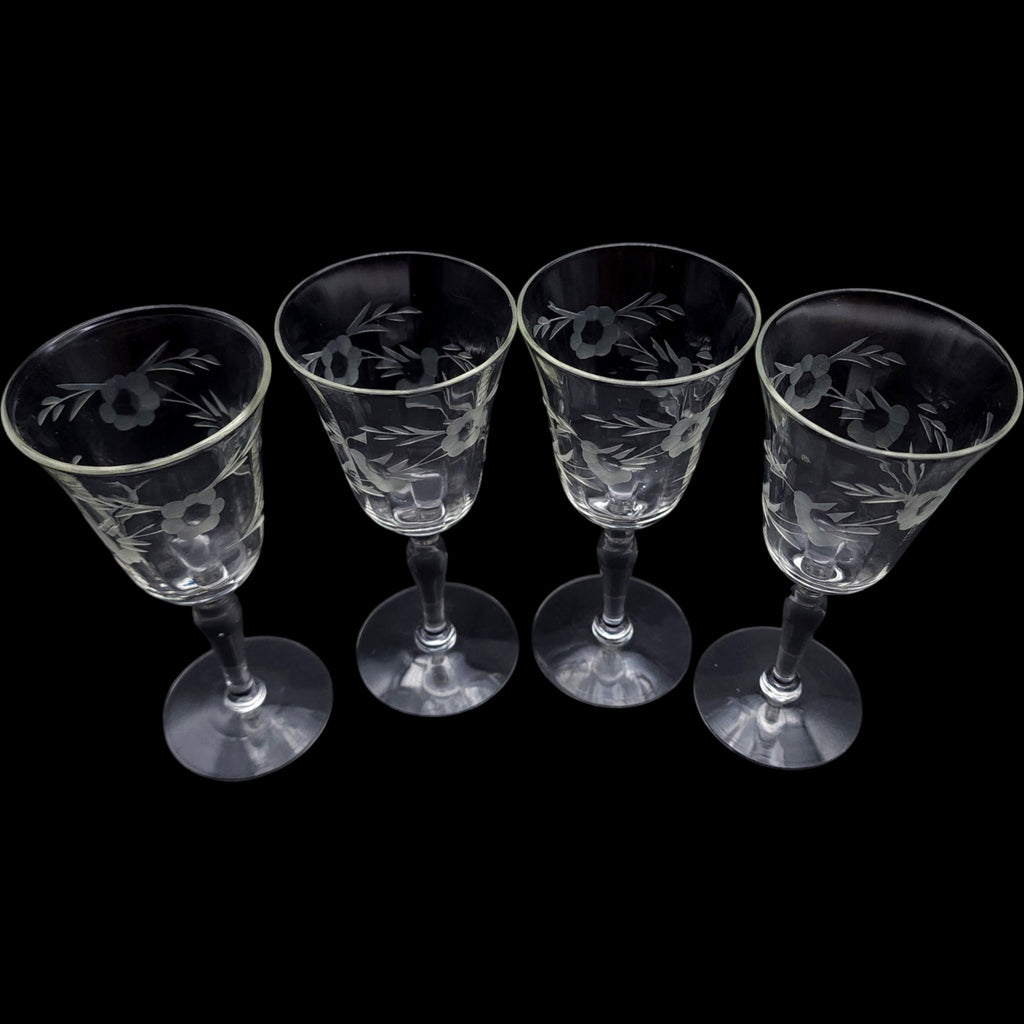 Vintage Etched Floral Wine Glasses Set of 4