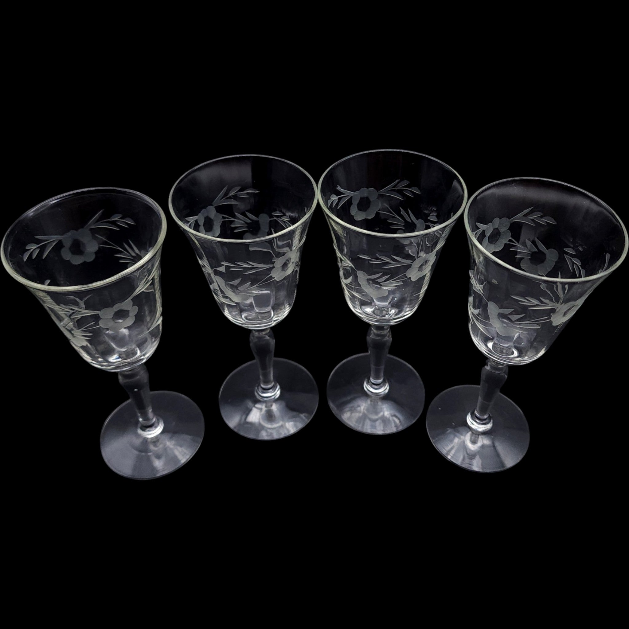 Vintage Etched Floral Wine Glasses Set of 4