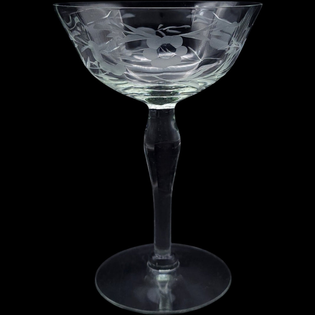Vintage Etched Glass Champagne Coupes  Tall Sherbet Glasses  Set of 3