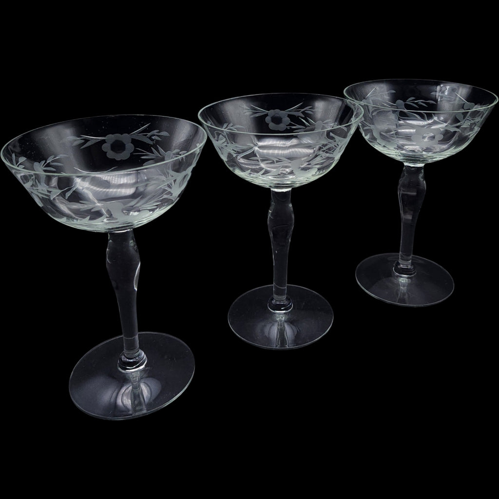 Vintage Etched Glass Champagne Coupes  Tall Sherbet Glasses  Set of 3