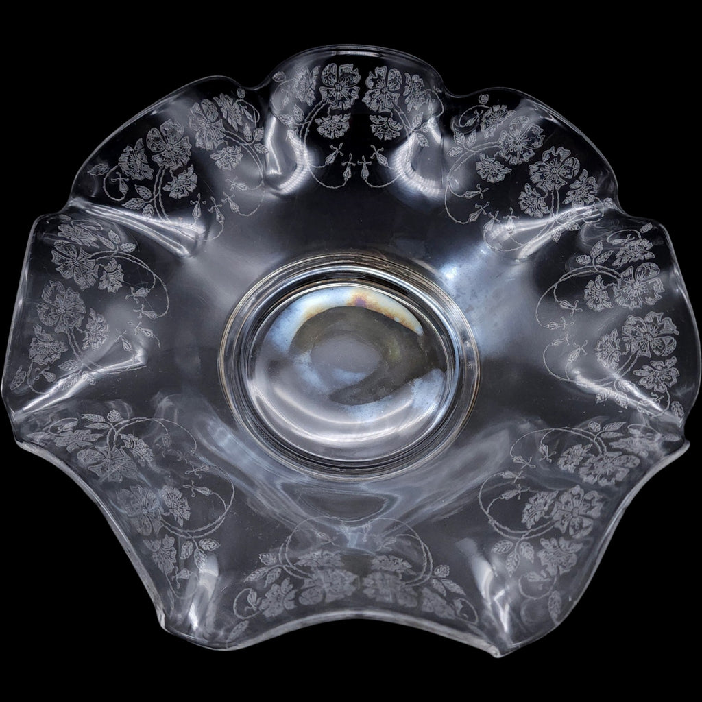 Vintage Etched Glass Crimped Flared Bowl 12 Inch Floral Centerpiece