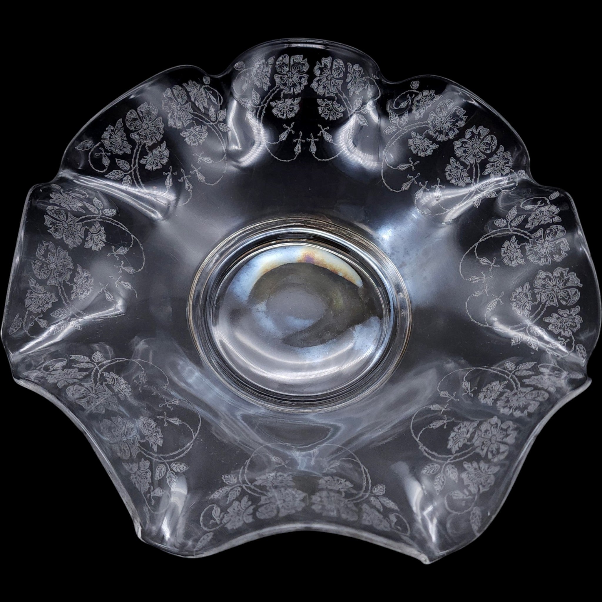 Vintage Etched Glass Crimped Flared Bowl 12 Inch Floral Centerpiece