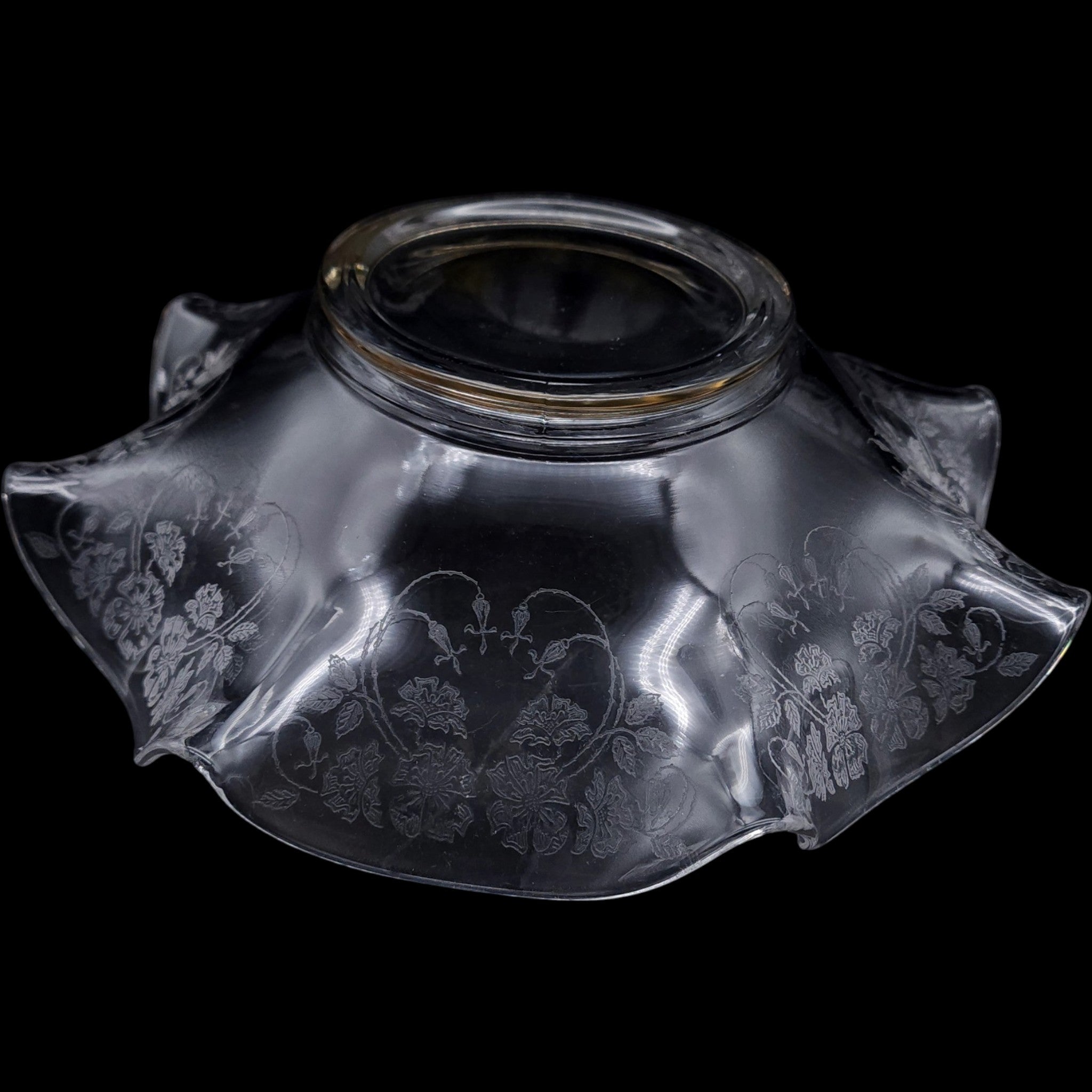 Vintage Etched Glass Crimped Flared Bowl 12 Inch Floral Centerpiece