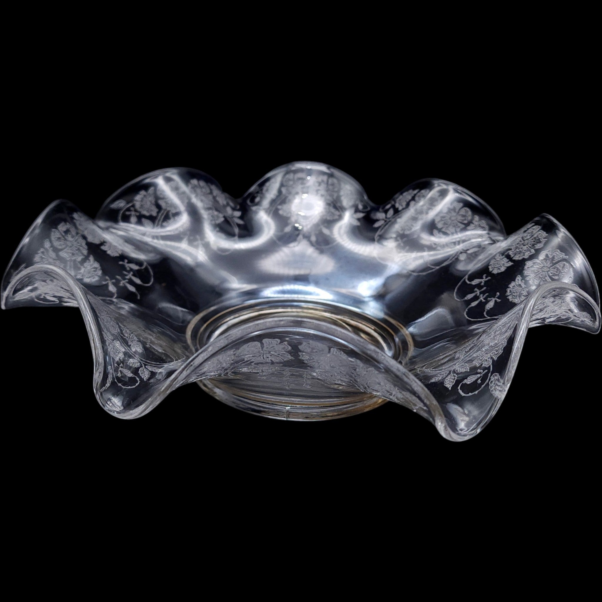 Vintage Etched Glass Crimped Flared Bowl 12 Inch Floral Centerpiece