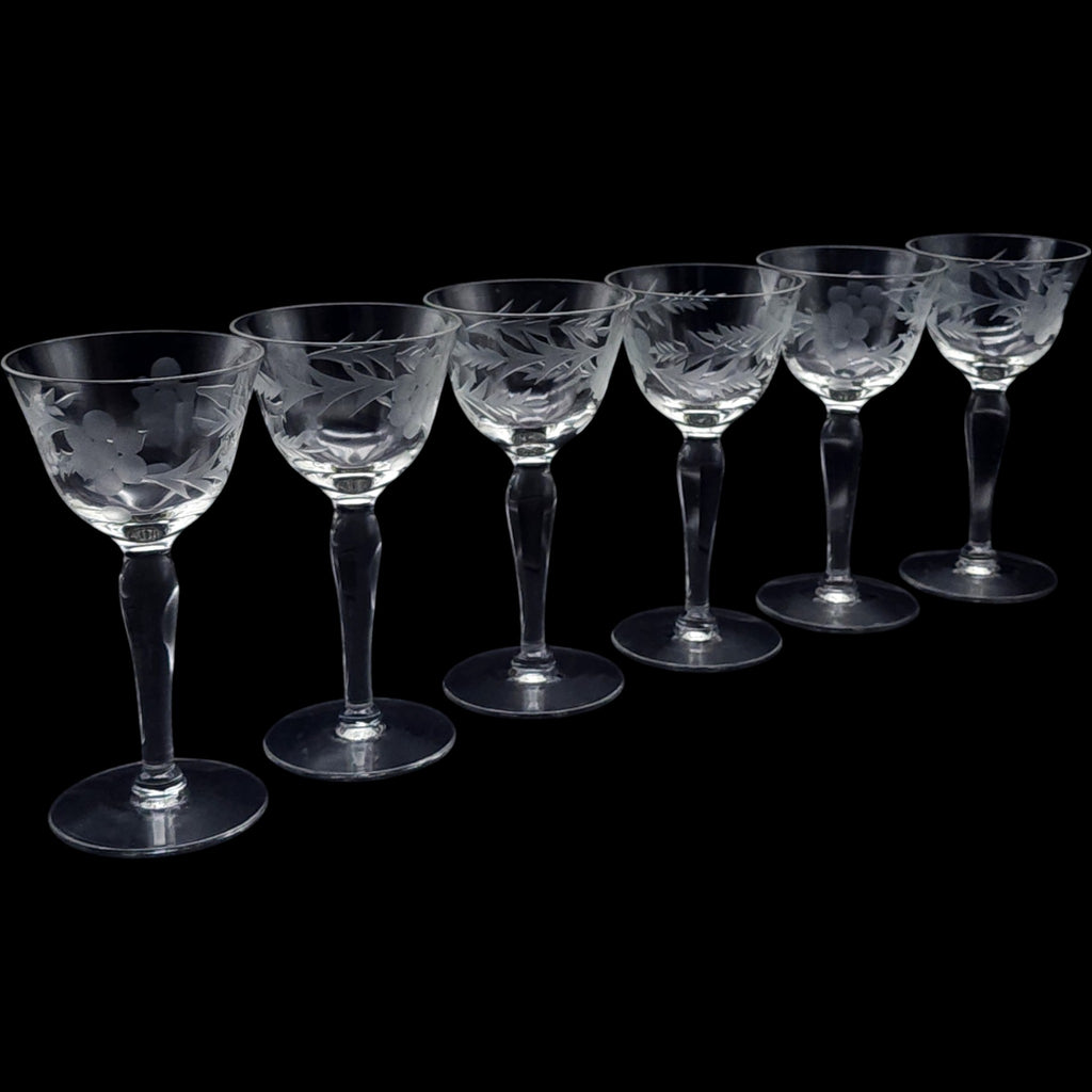 Vintage Etched Glass Wine Glasses Set of 6