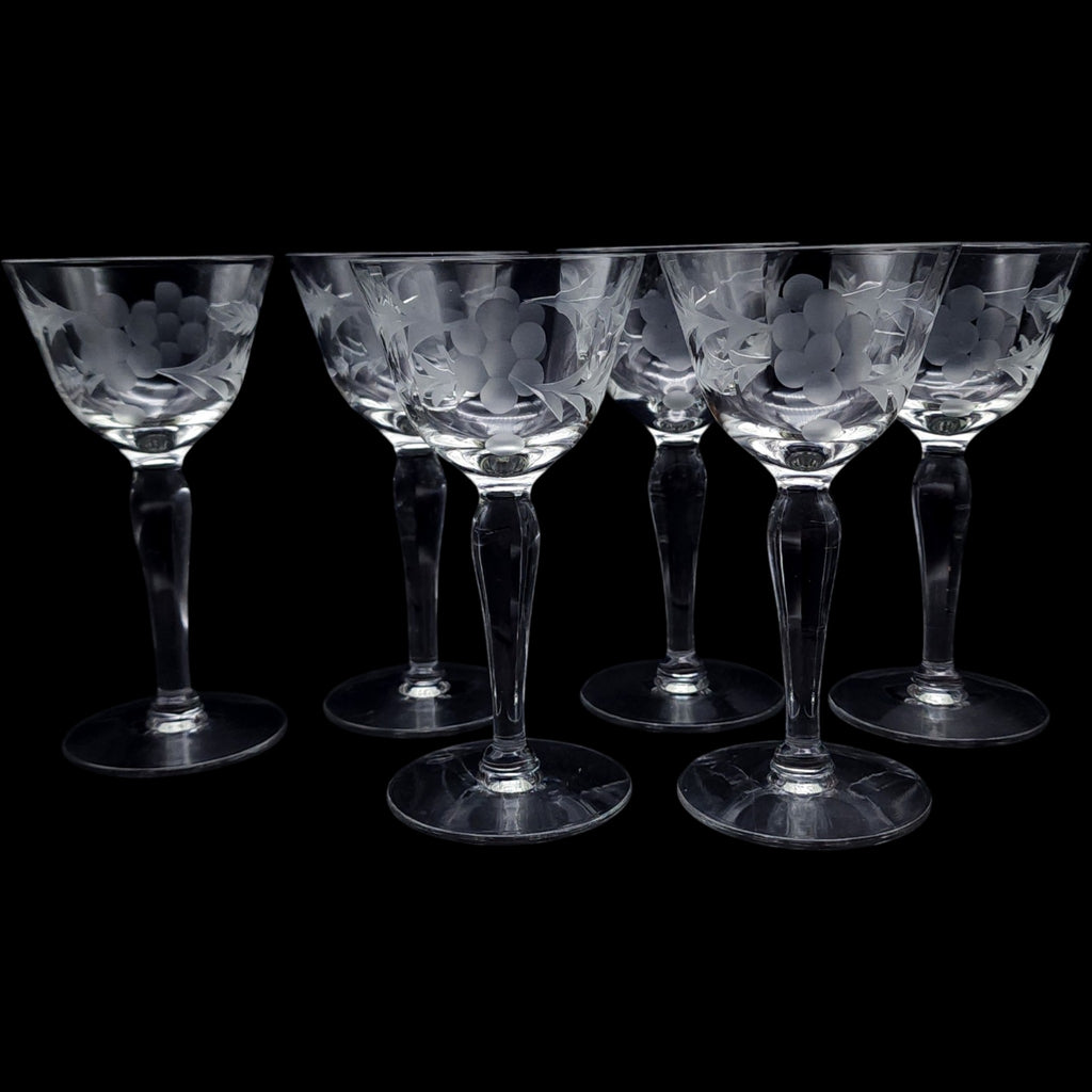 Vintage Etched Glass Wine Glasses Set of 6
