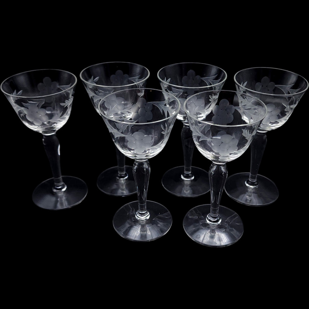 Vintage Etched Glass Wine Glasses Set of 6