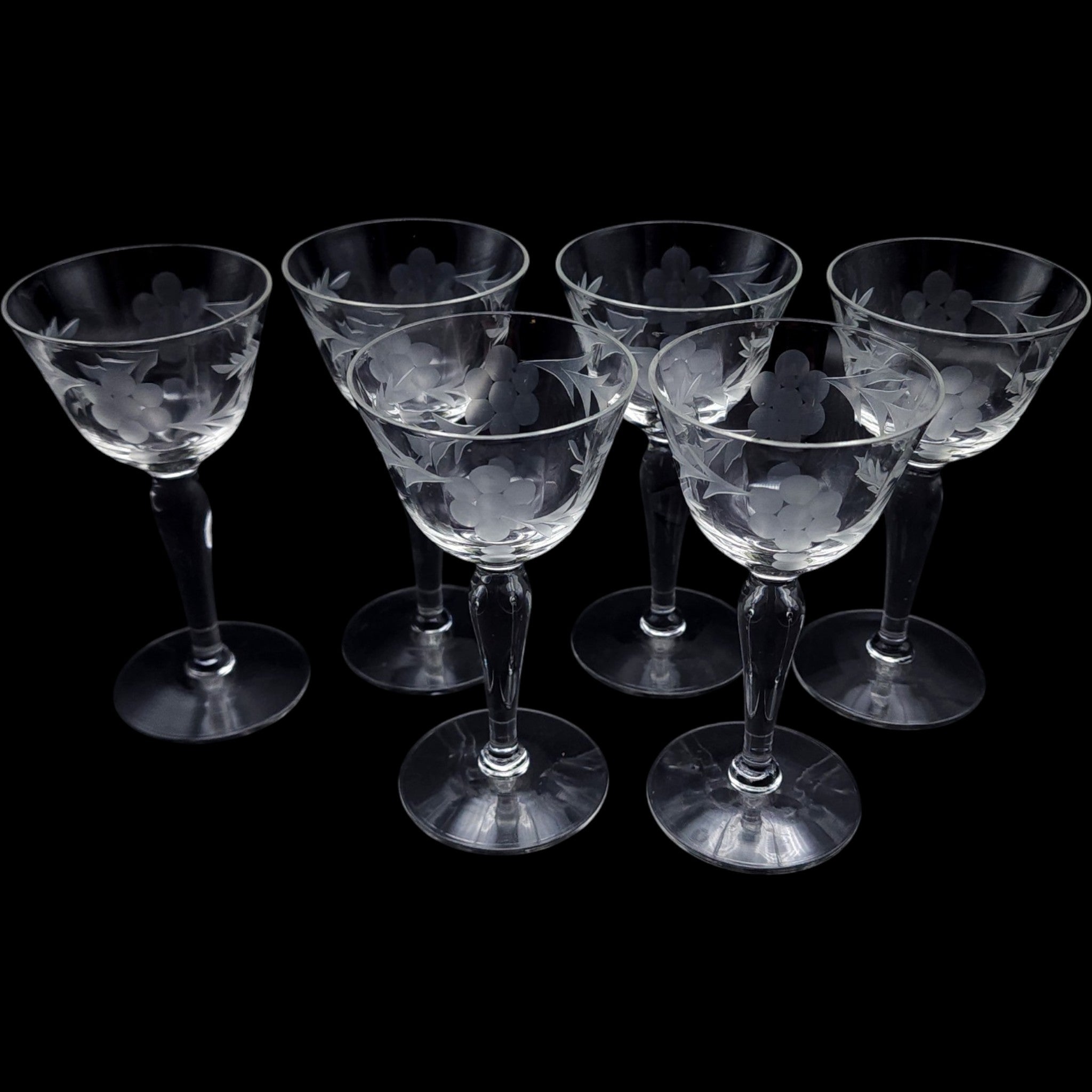 Vintage Etched Glass Wine Glasses Set of 6