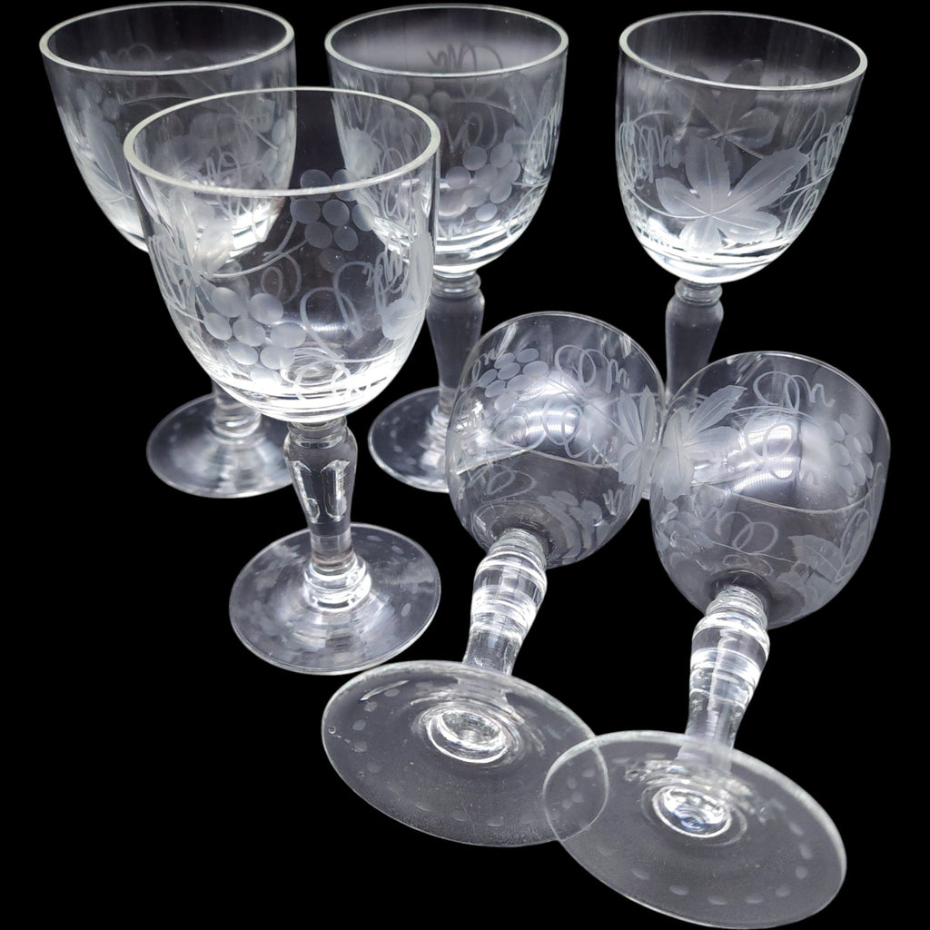 Vintage Etched Grape Vine Clear Wine Glasses Set of 6