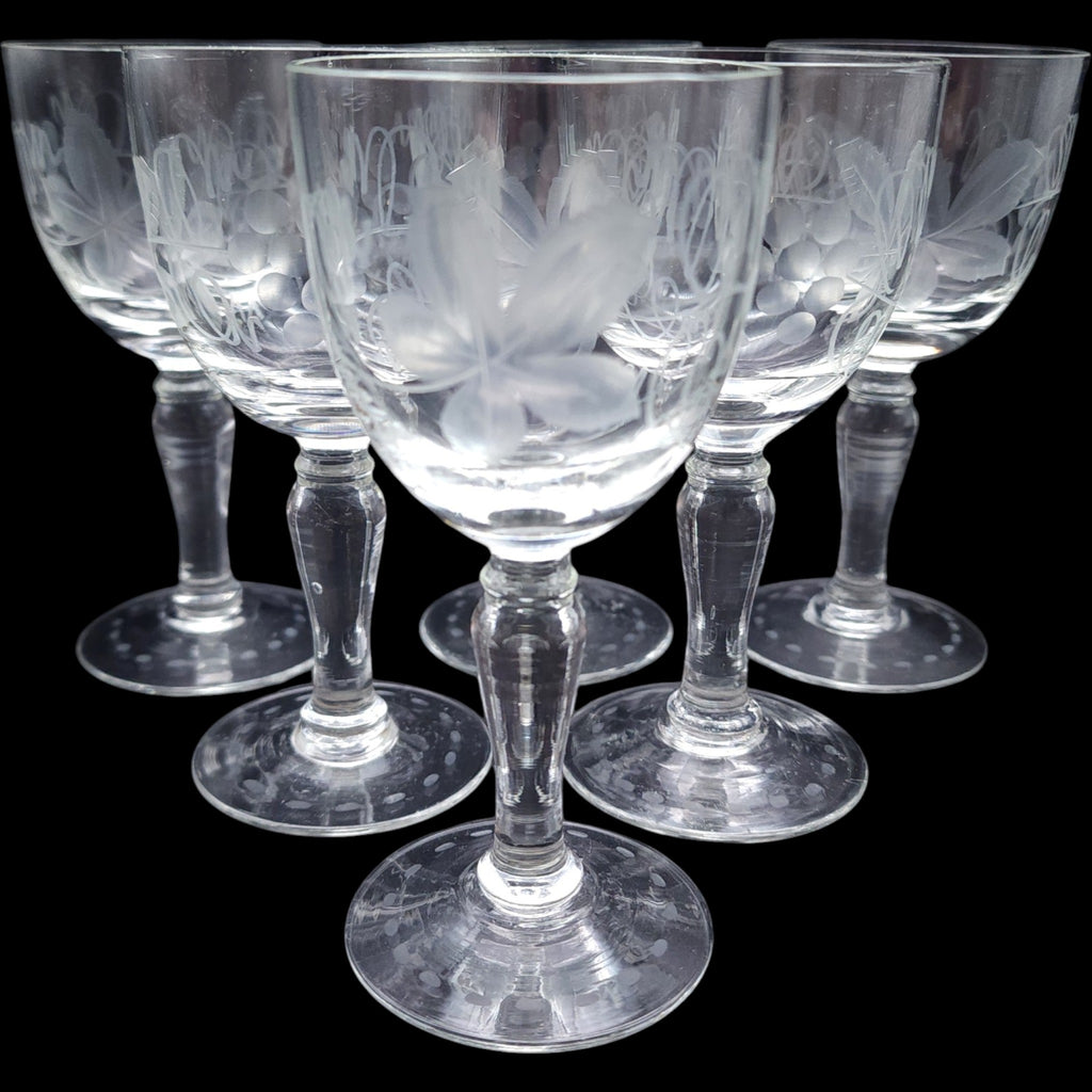 Vintage Etched Grape Vine Clear Wine Glasses Set of 6