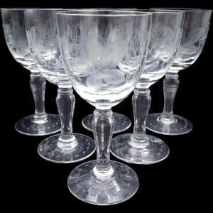 Vintage Etched Grape Vine Clear Wine Glasses Set of 6