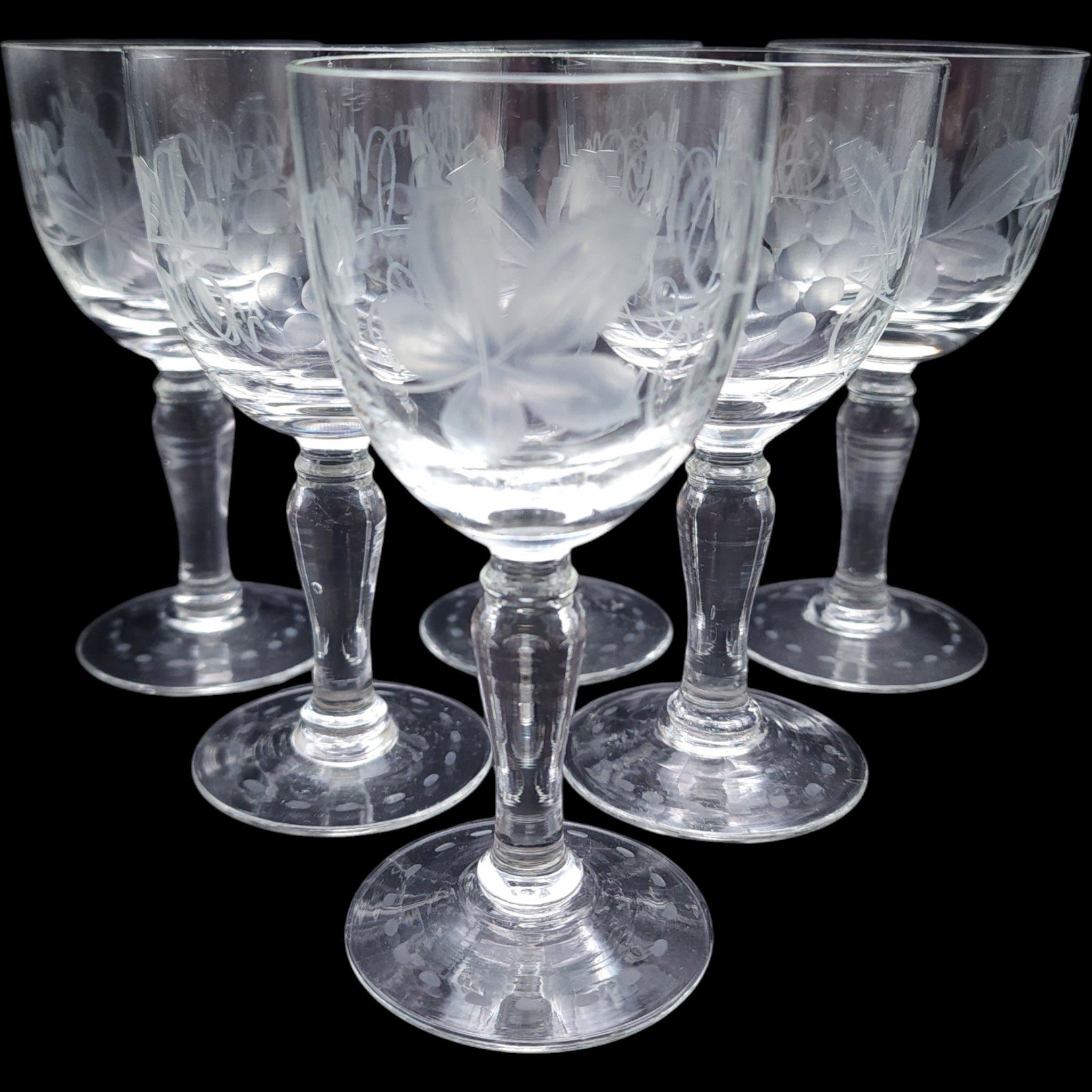 Vintage Etched Grape Vine Clear Wine Glasses Set of 6