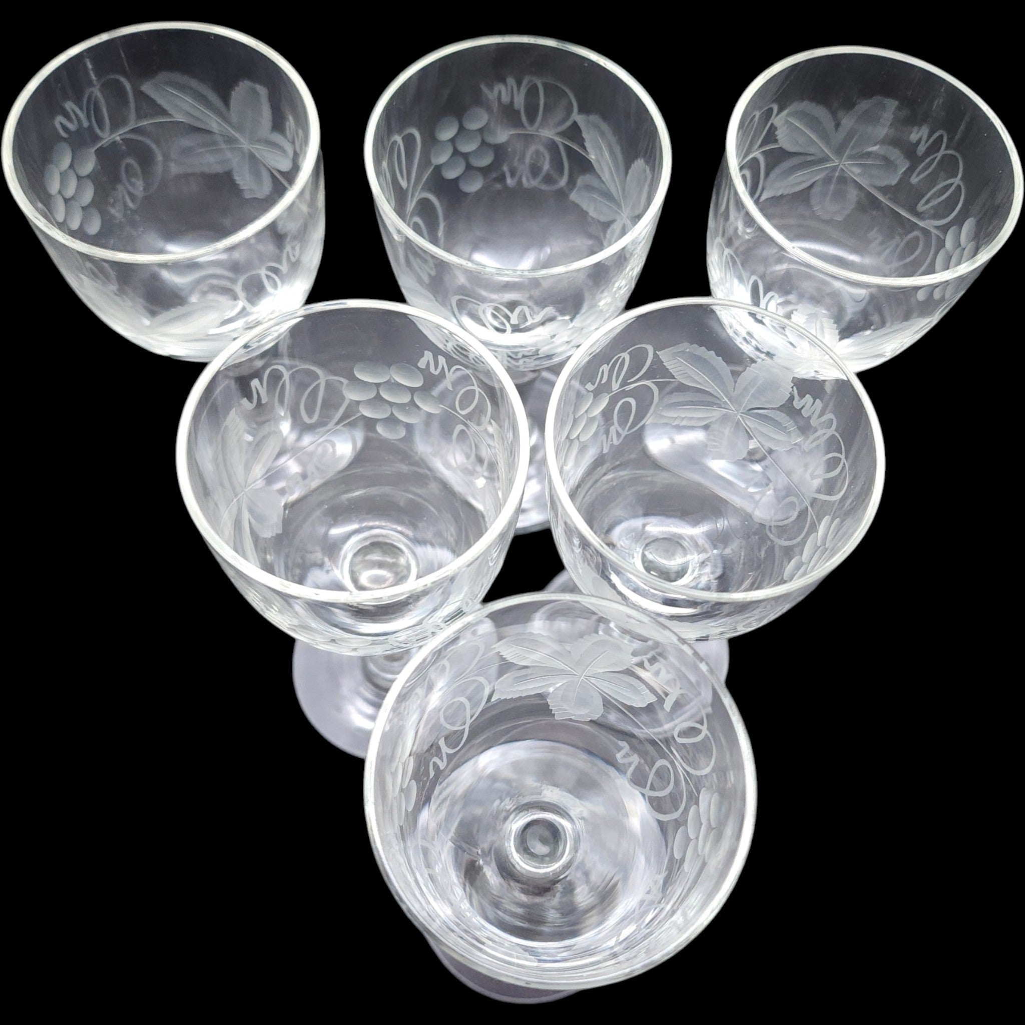 Vintage Etched Grape Vine Clear Wine Glasses Set of 6