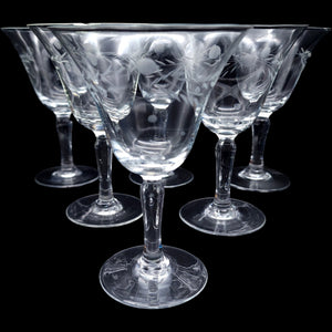Vintage Etched Leaf & Dot Glass Cocktail Stemware  Set of 6