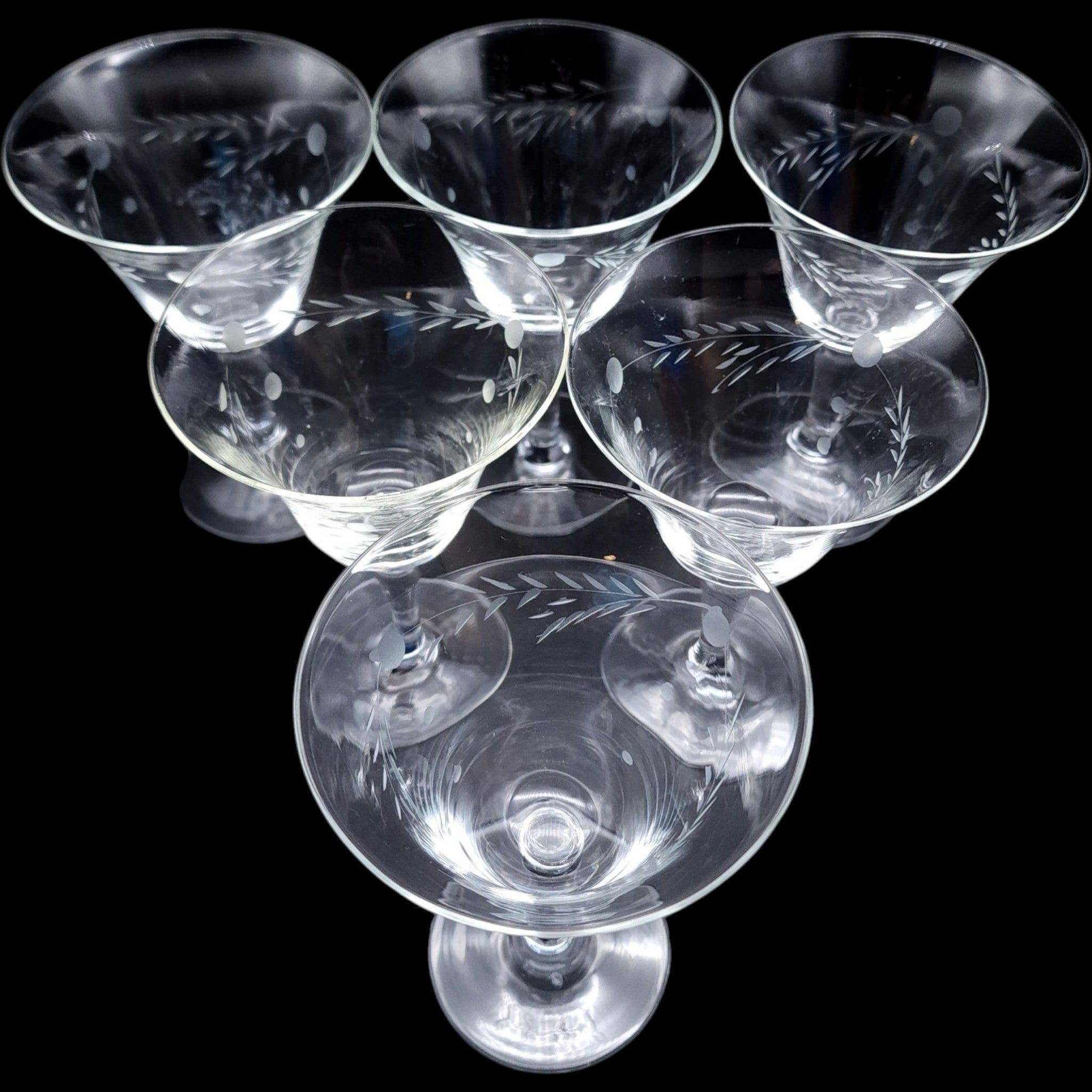 Vintage Etched Leaf & Dot Glass Cocktail Stemware  Set of 6
