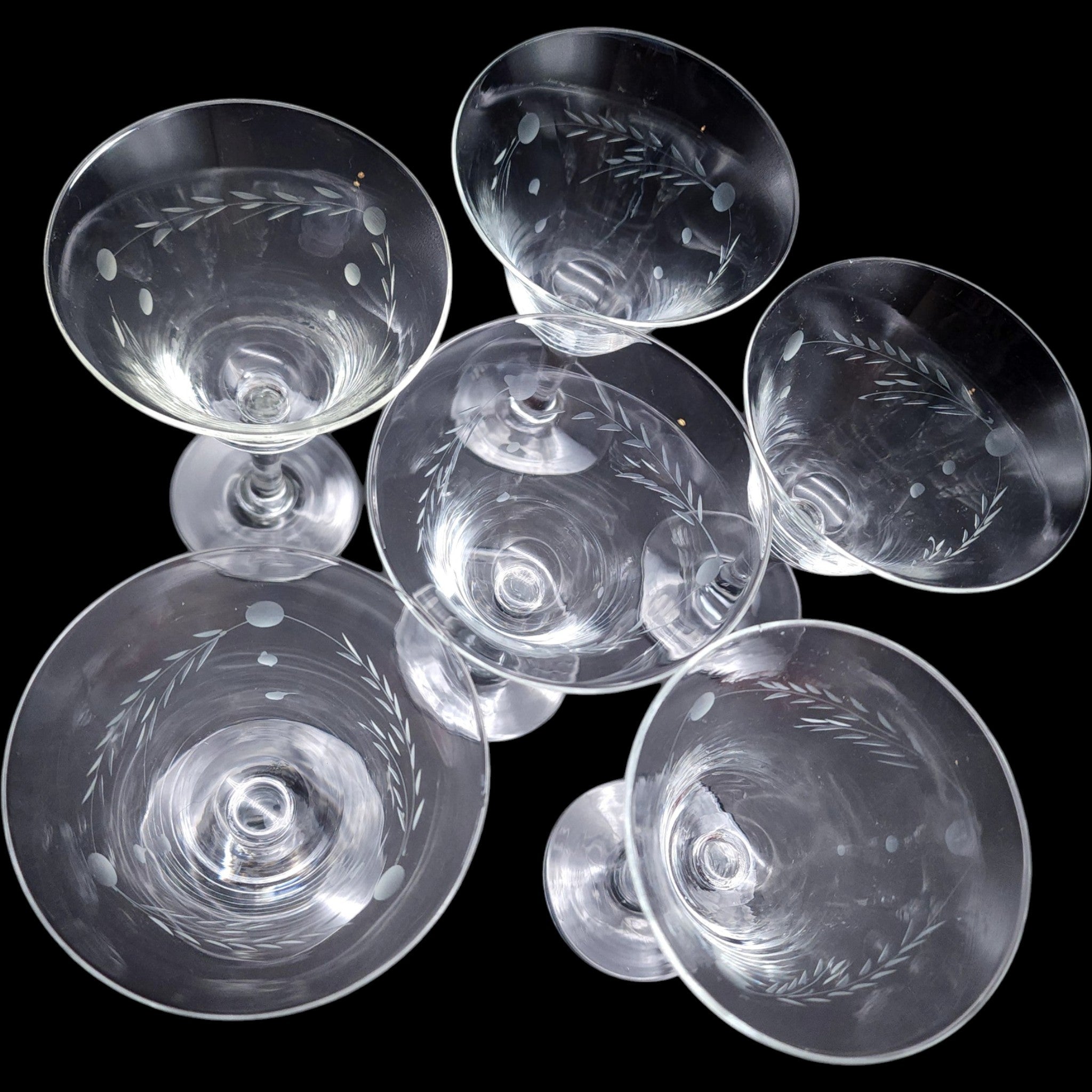Vintage Etched Leaf & Dot Glass Cocktail Stemware  Set of 6
