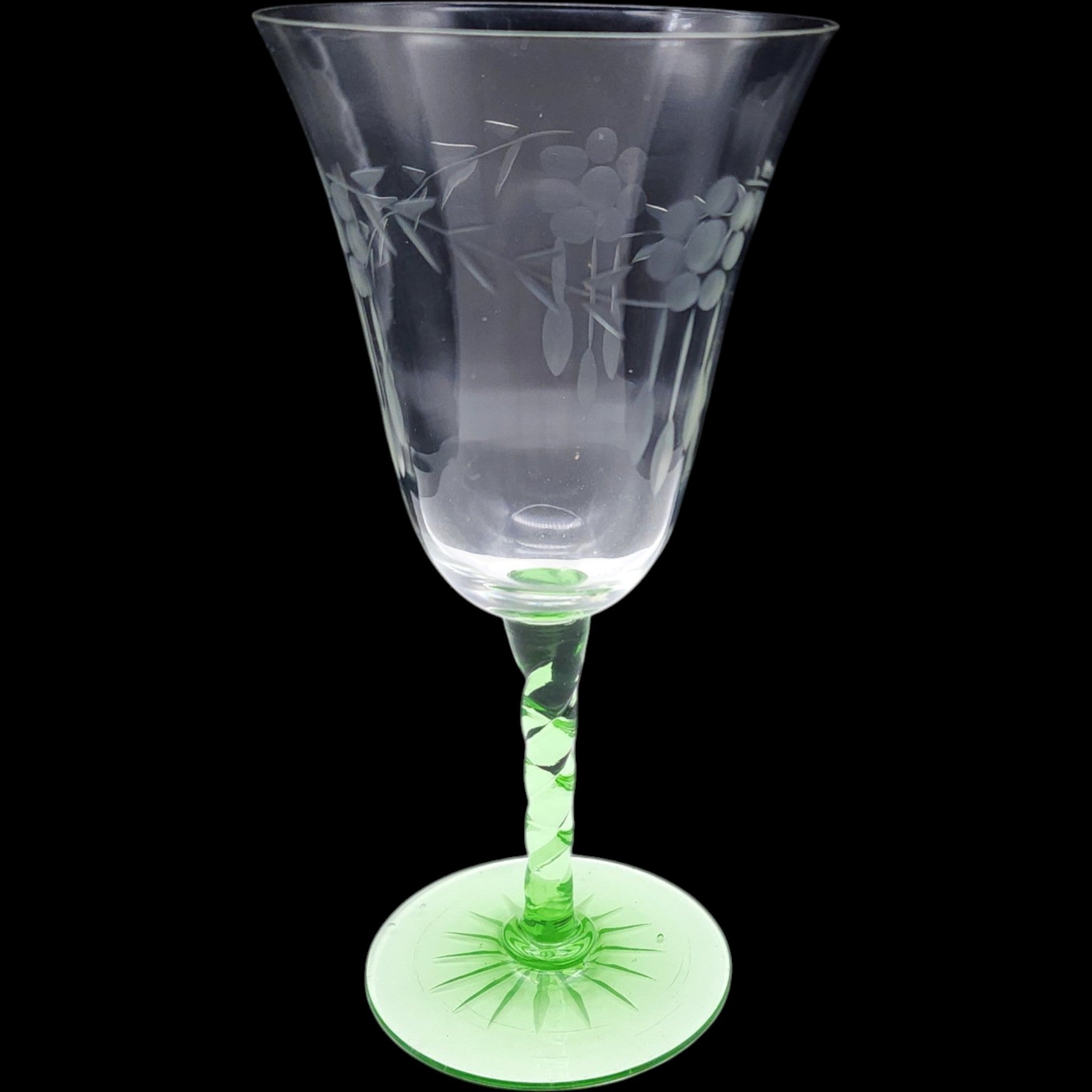 Vintage Etched Wine Goblet with Green Spiral Stem and Starburst Base
