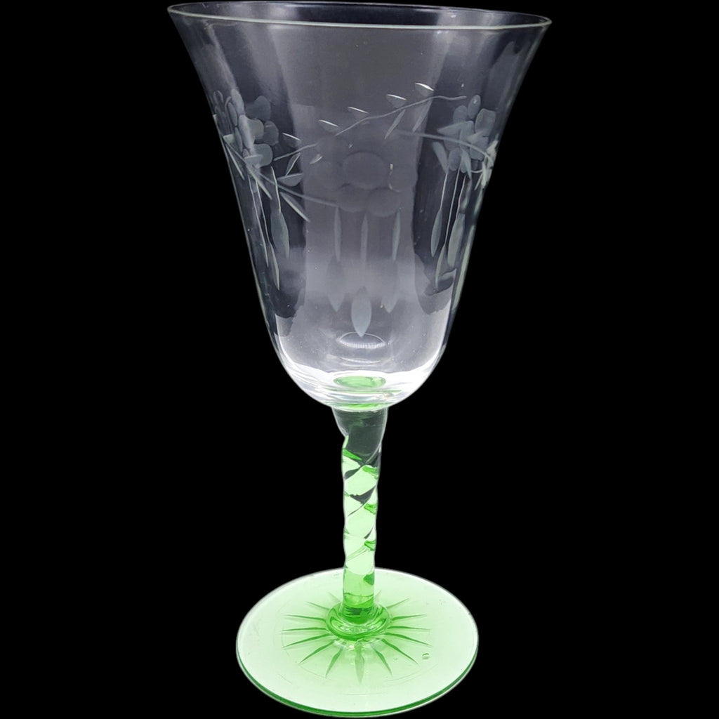 Vintage Etched Wine Goblet with Green Spiral Stem and Starburst Base