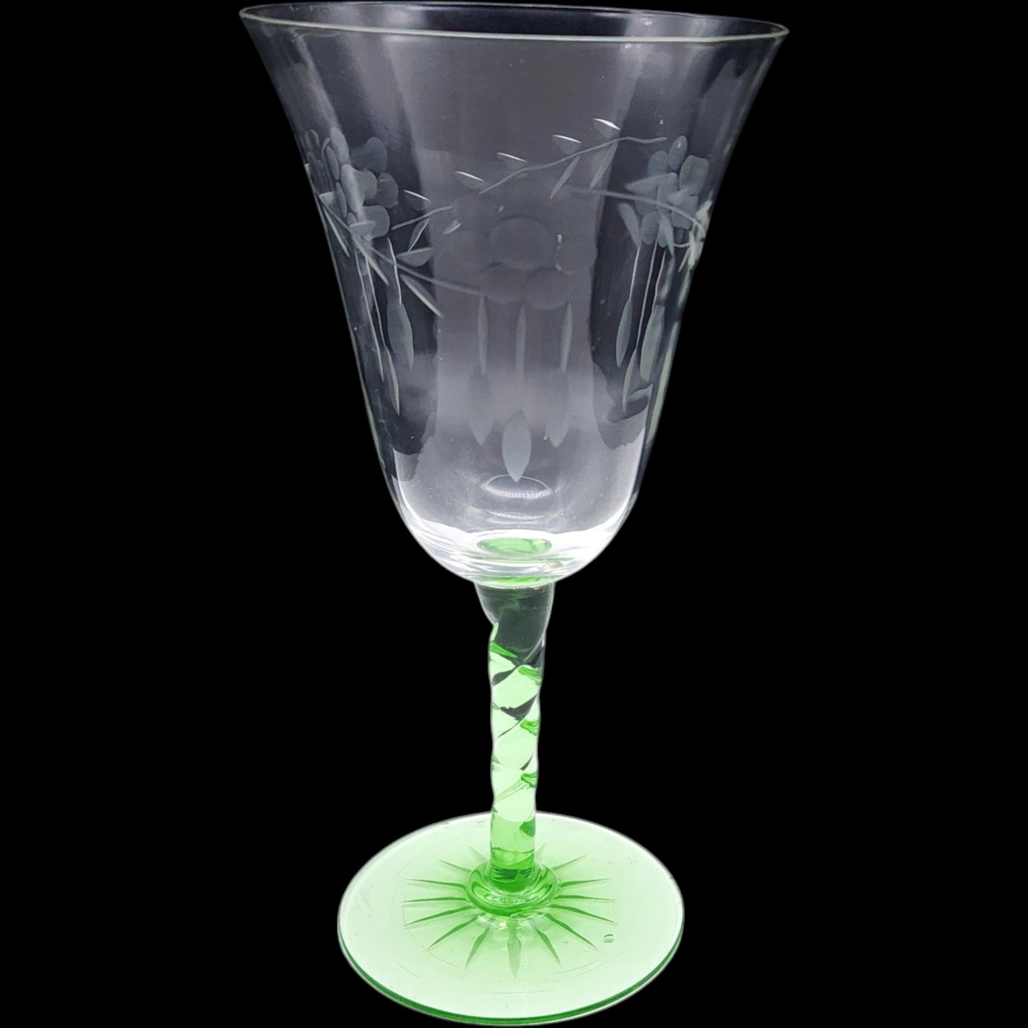 Vintage Etched Wine Goblet with Green Spiral Stem and Starburst Base