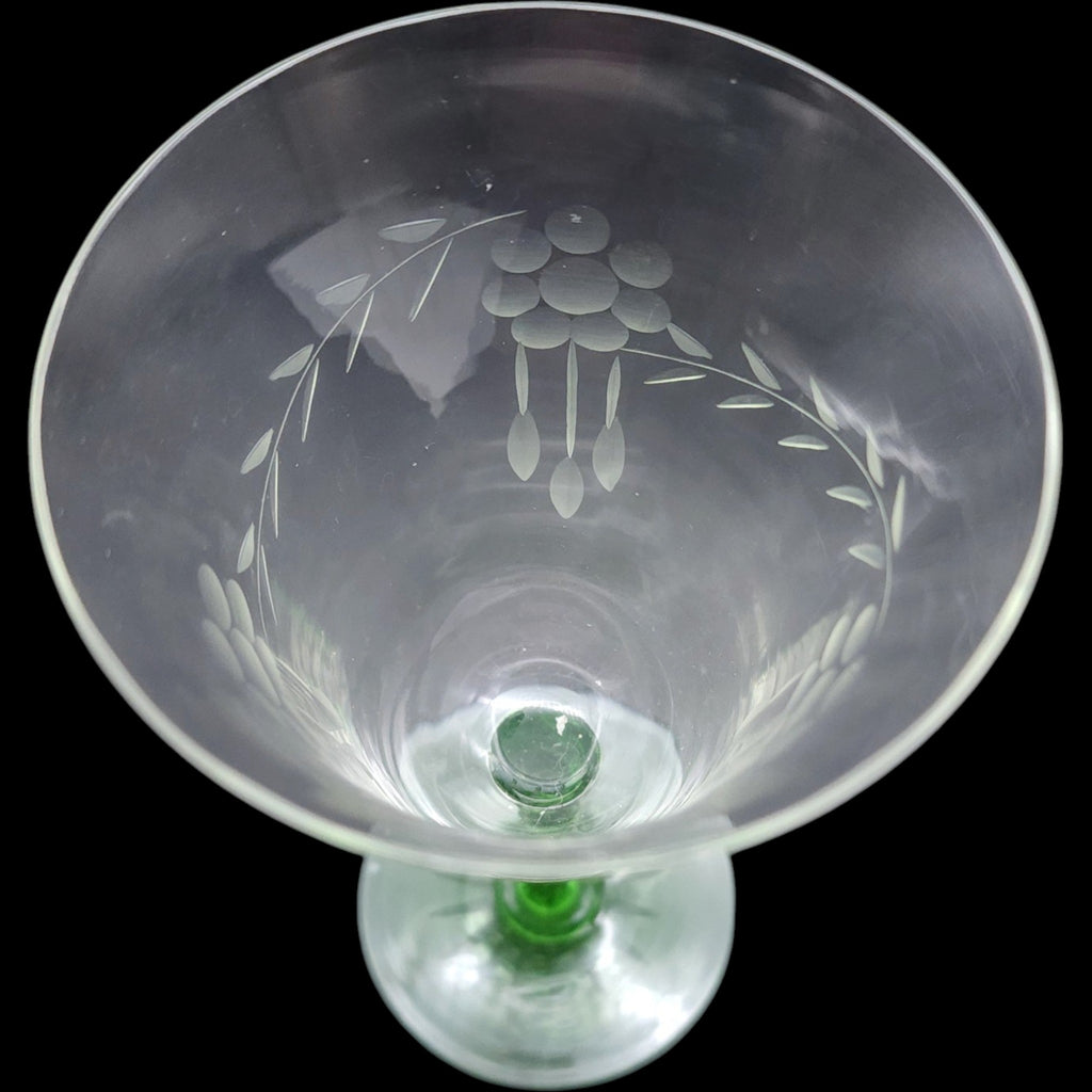 Vintage Etched Wine Goblet with Green Spiral Stem and Starburst Base