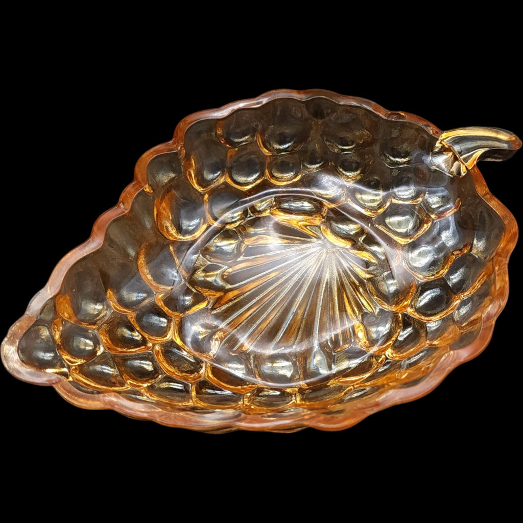 Vintage Federal Glass 7" Amber Iridescent Grape Cluster Relish Dish