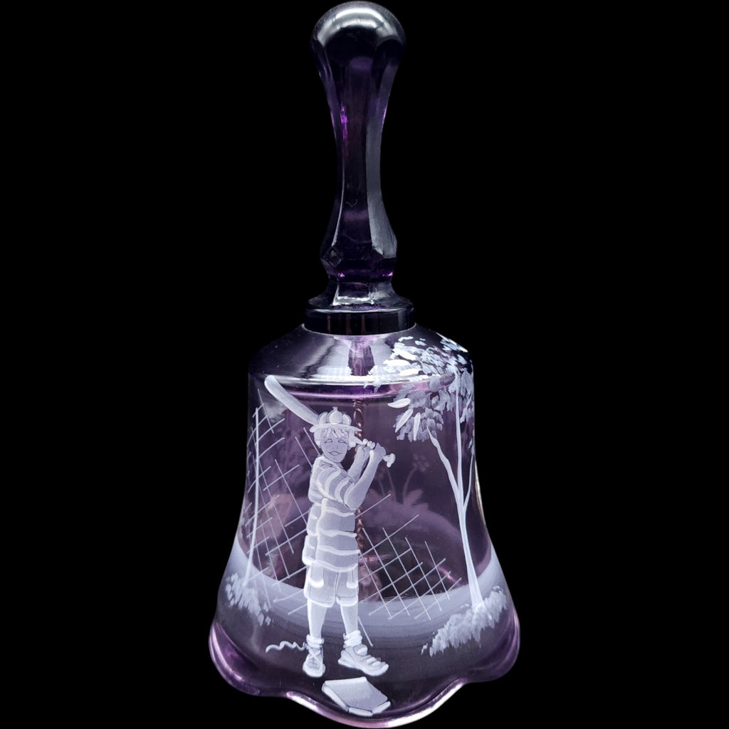 Vintage Fenton Amethyst Mary Gregory Glass Bell Hand Painted Baseball Player Signed
