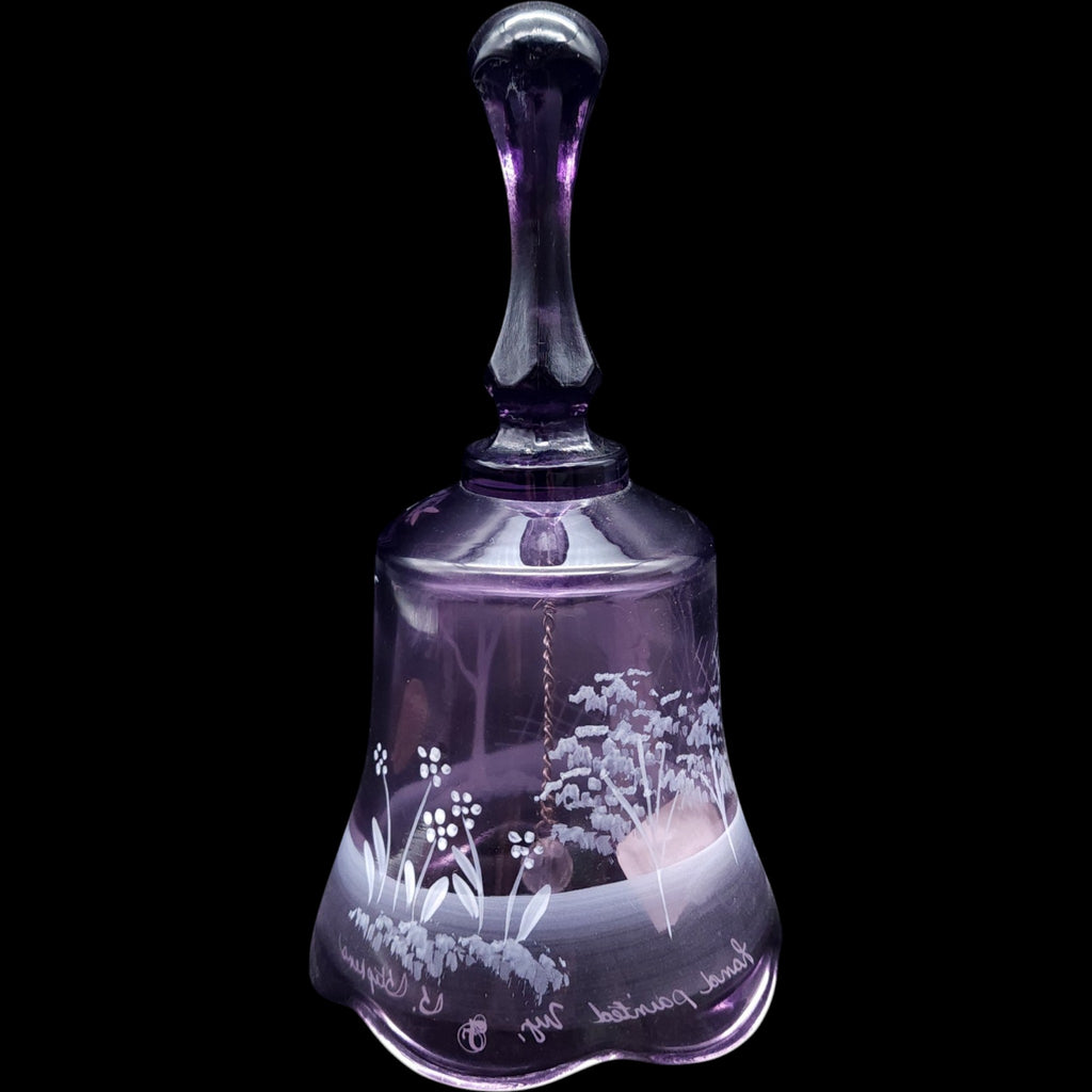 Vintage Fenton Amethyst Mary Gregory Glass Bell Hand Painted Baseball Player Signed