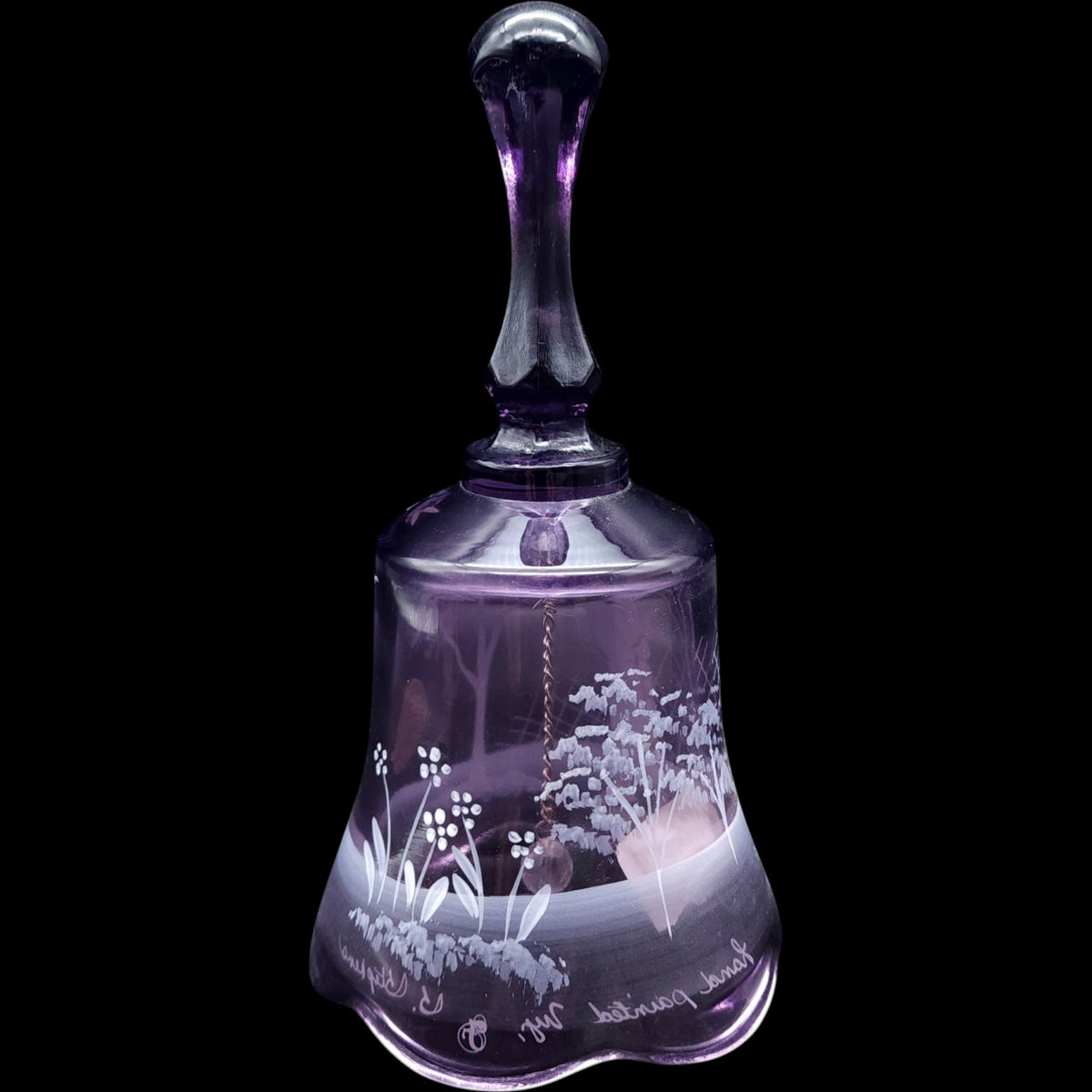 Vintage Fenton Amethyst Mary Gregory Glass Bell Hand Painted Baseball Player Signed